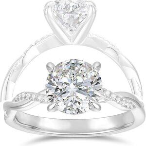 14K Solid White Gold Banded 2ct Twisted Moissanite Diamond Engagement Ring